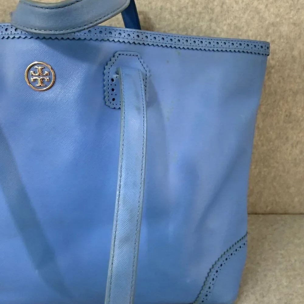 Tory Burch Blue Leather‎ Tote Bag Perforated Details Gold Logo  Shopper Tote
